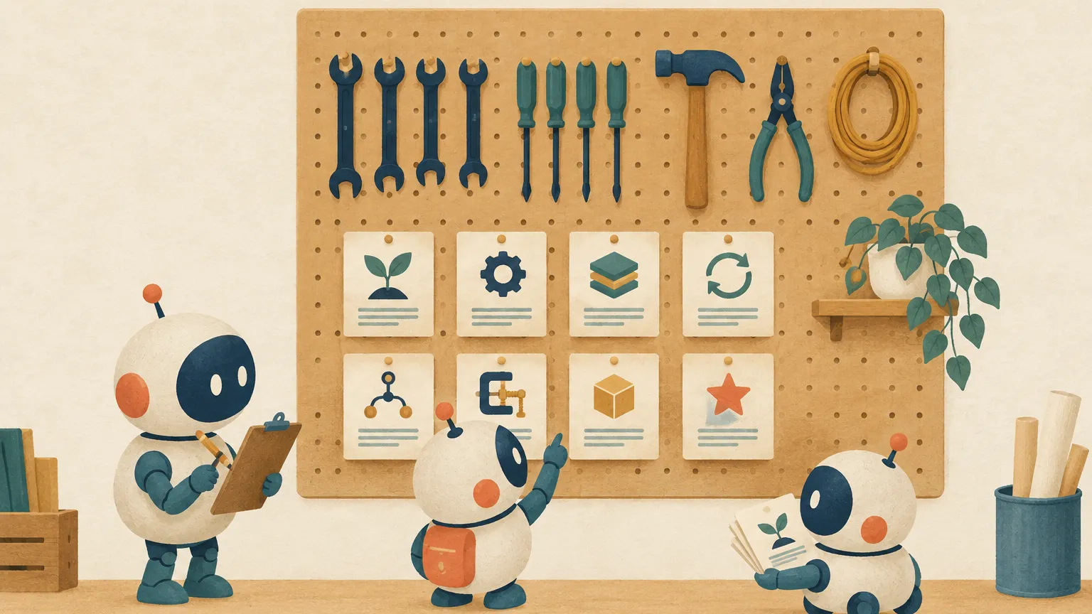 Illustration of small robots checking a clipboard in front of a workshop pegboard of tools and pattern cards