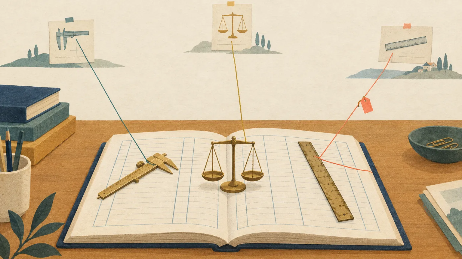 Illustration of an open ledger holding a caliper, a balance and a ruler, each tied by a thread to its source document