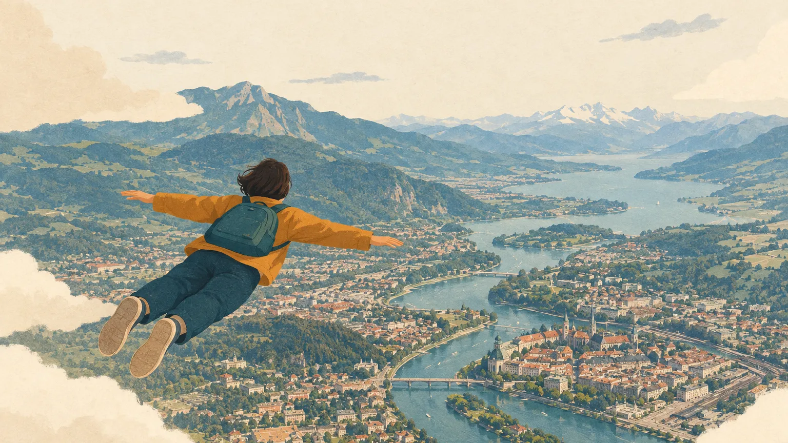 Illustration of a person flying high above a real-looking city, river valley and mountains