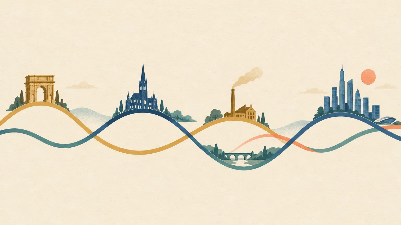 Illustration of overlapping waves carrying a Roman arch, a cathedral, a factory and a modern skyline along their crests