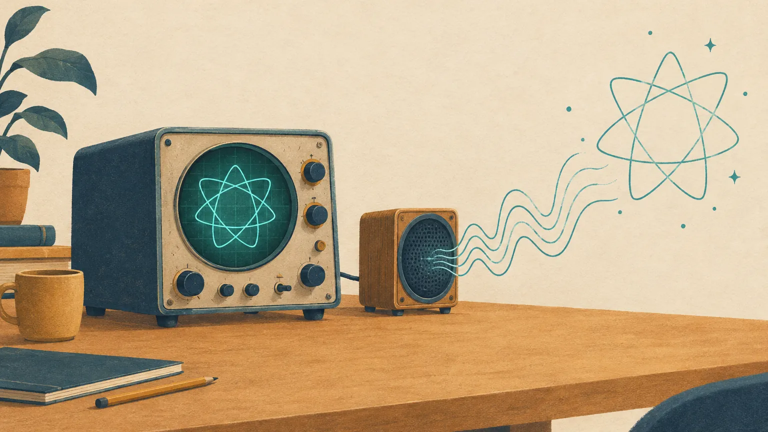 Illustration of a vintage oscilloscope tracing a looping star shape while sound from a speaker drifts into the same shape