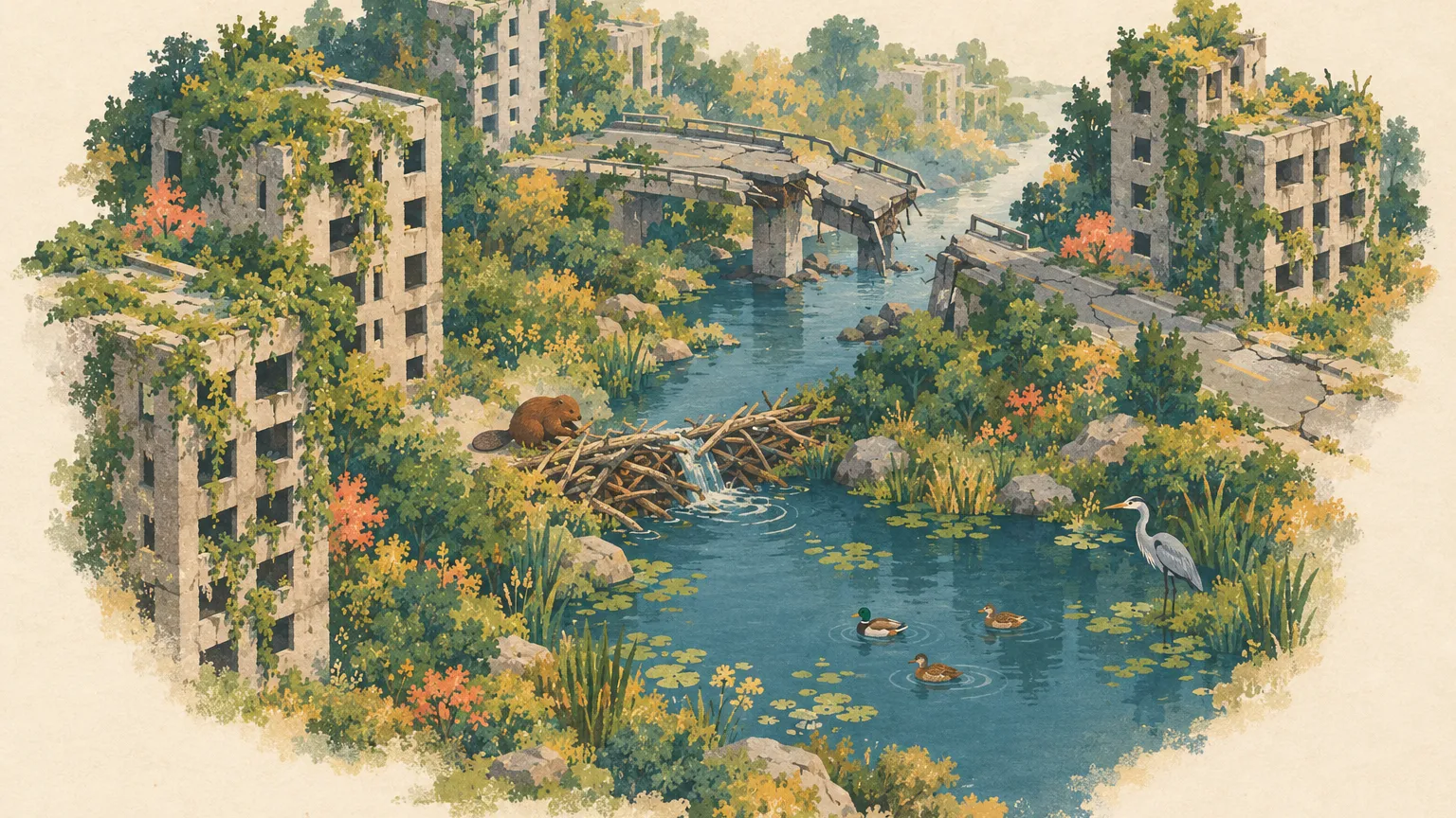Illustration of a beaver damming a river in an overgrown ruined city, with a heron and ducks arriving at the new pond